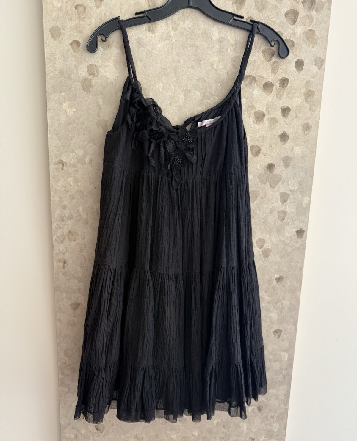 Rebecca Taylor Black Gauze Babydoll Short Sundress Tie Back & Appliqués Size 2