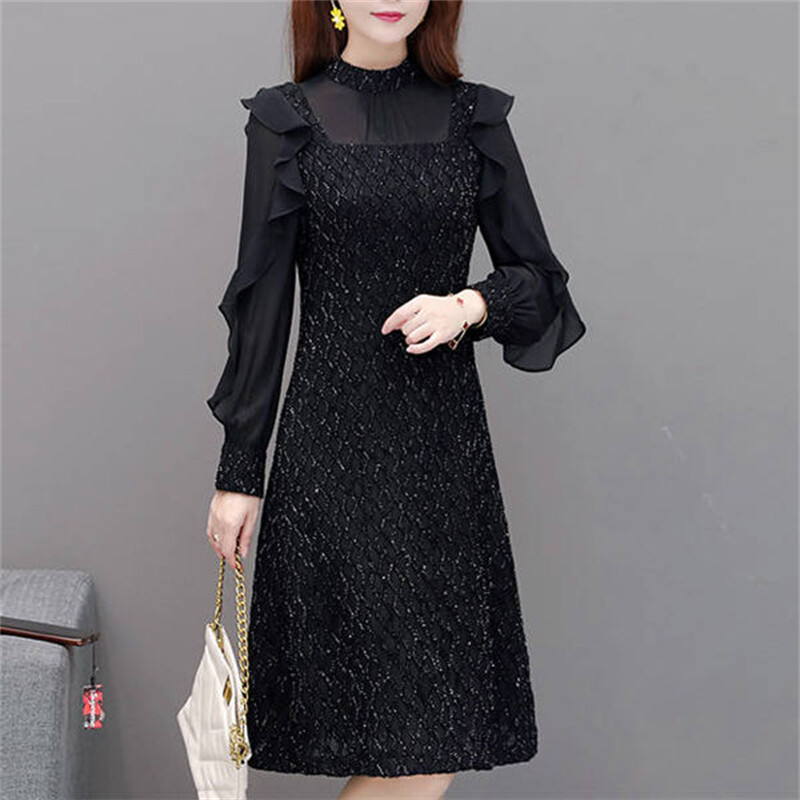 Lady Elegant Midi Dress Shine Ruffle Puff Sleeves See Through Party A-Line Work