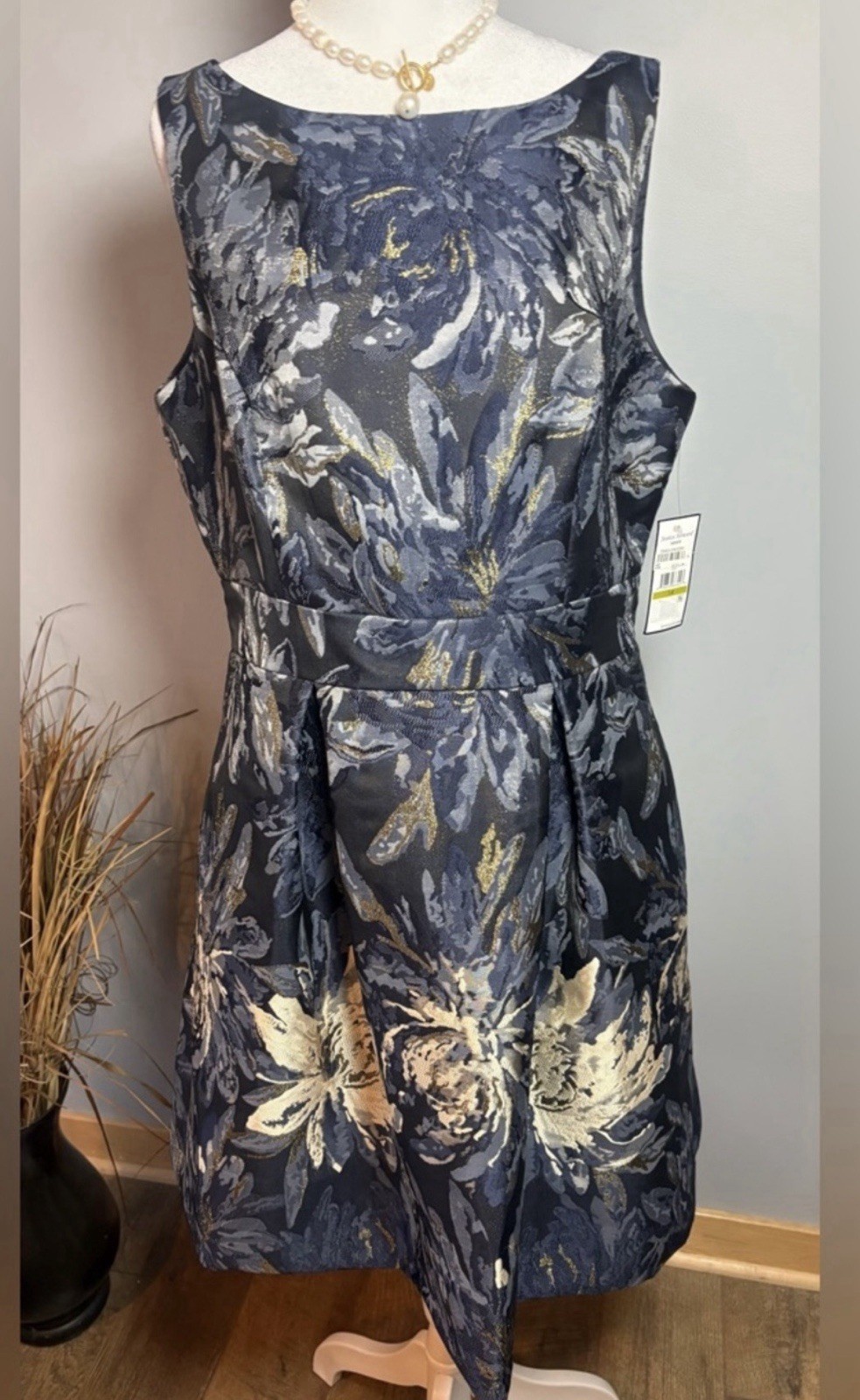 NWT Jessica Howard Dress 14 Navy Blue Gold Floral Metallic Fit & Flare Cocktail