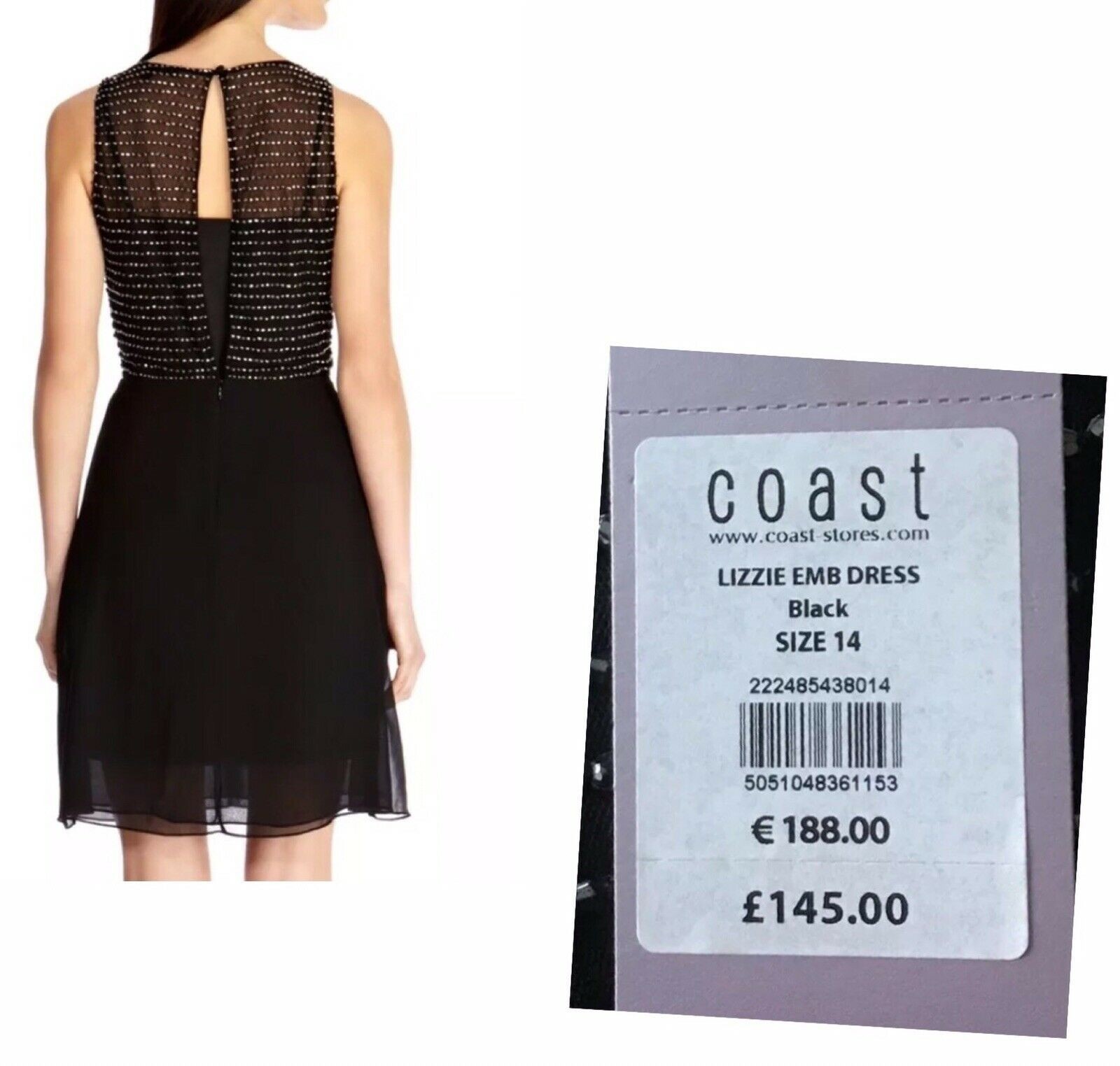 Coast Black Embellished Skater Dress New BNWT Lizzie Party Cocktail Knee UK 14