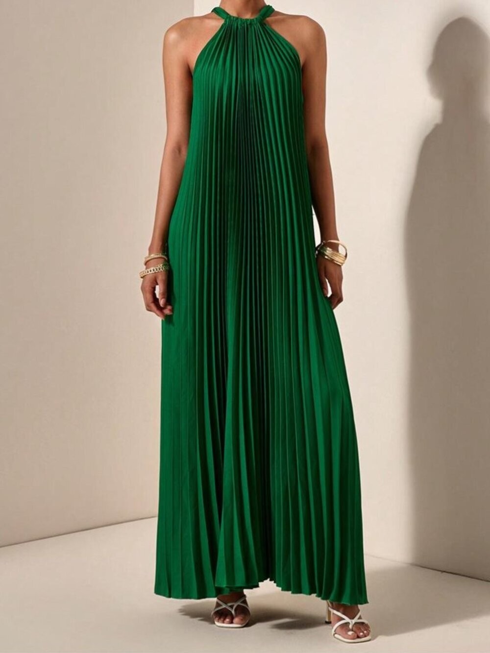NEW Green Pleated Halter Maxi Dress Elegant Flowy Vacation Gown, Size L