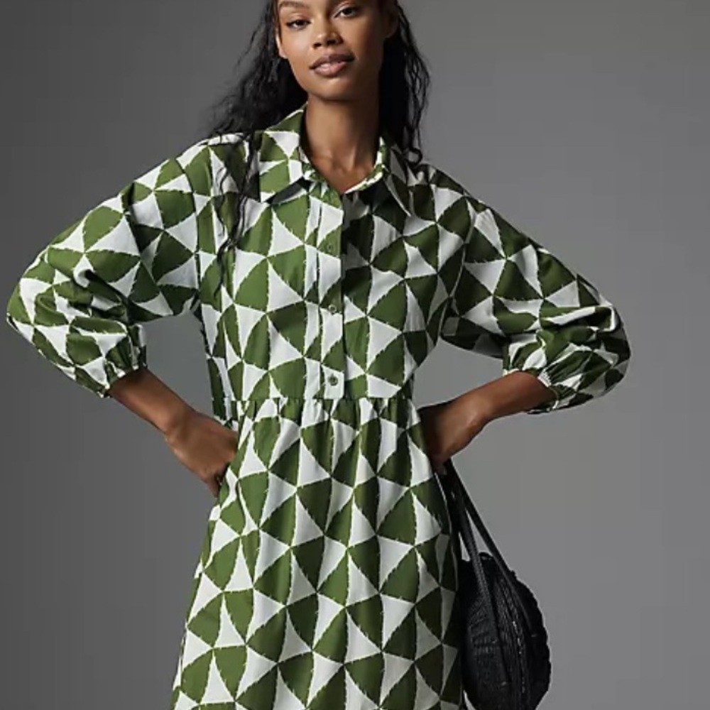 The Bettina Tiered Shirt Dress by Maeve Color: Green & White Triangles