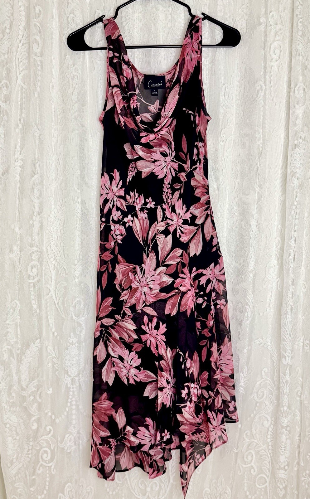 Connected Apparel Pink Floral Midi Dress Size 6 Black Fairycore Y2K Asymmetric