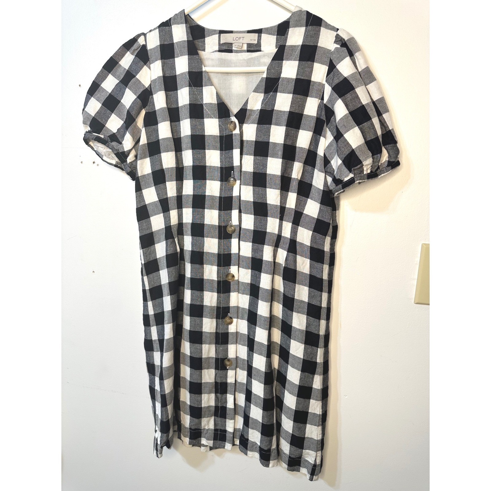 LOFT Gingham Button Front Dress Womens 2P Black White Excellent Puff Sleeve