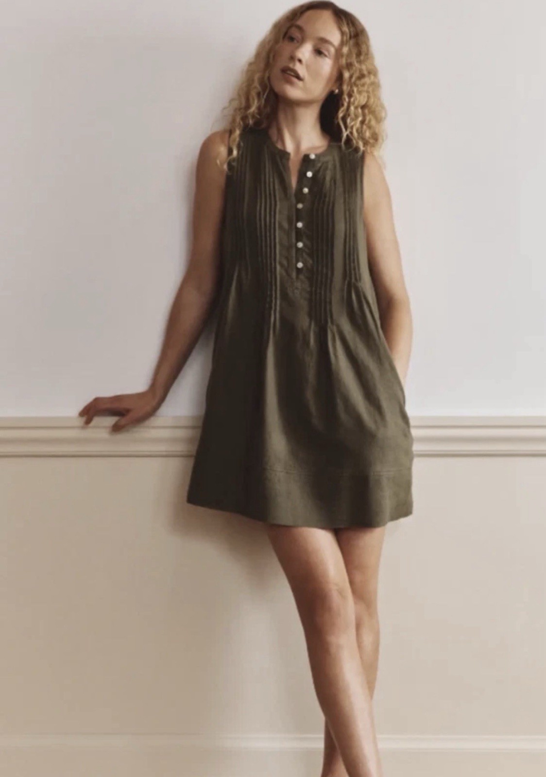 Quince 100% European Linen Sleeveless Swing Dress Martini Olive XS Capsule