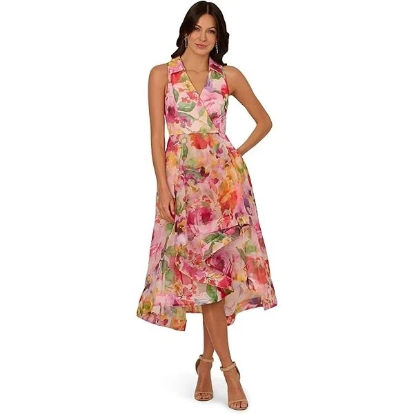 Adrianna Papell Pink Floral Organza High Low Ruffle Midi Dress Size 10 $229
