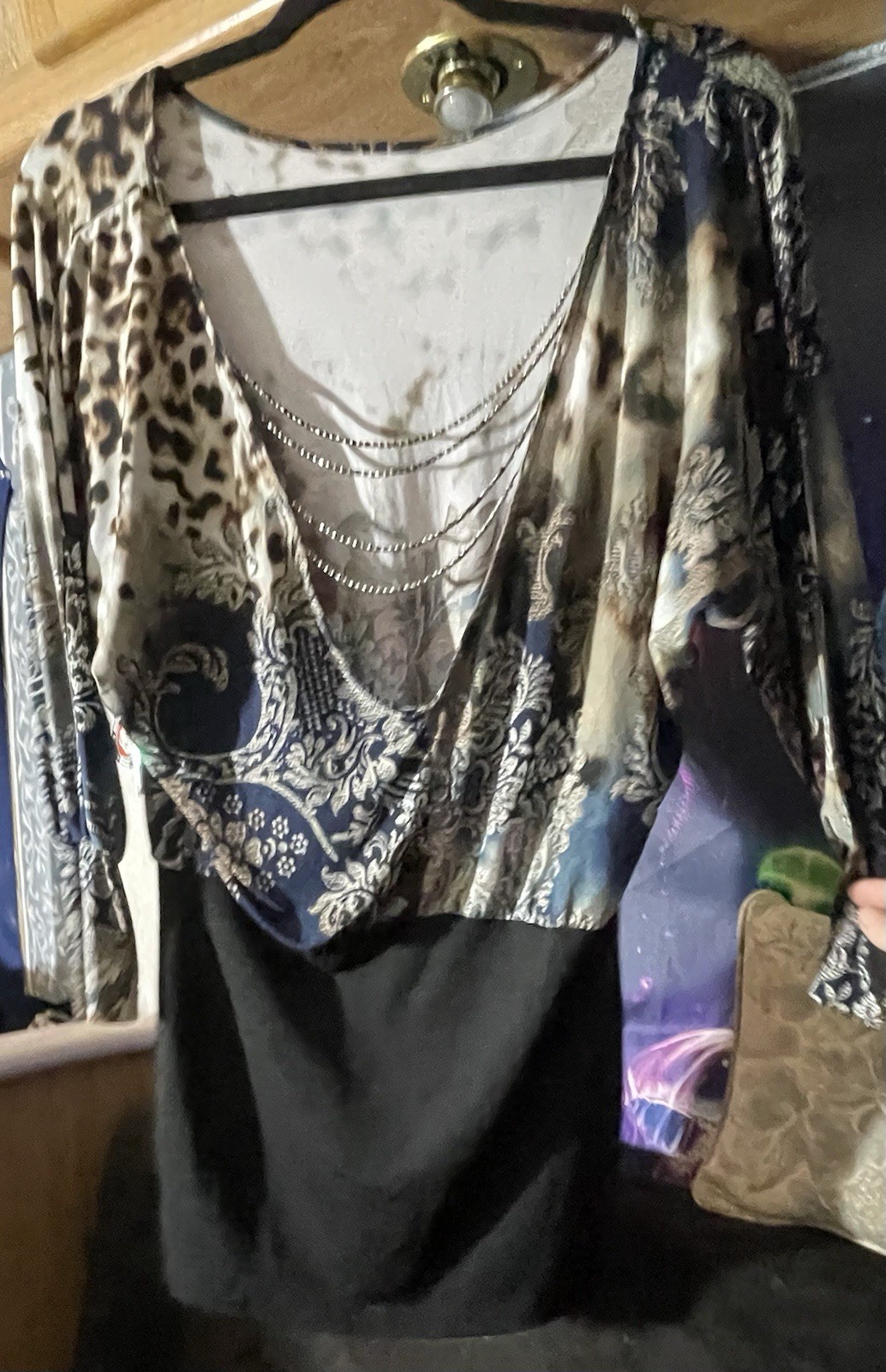 Women’s Black/Gray/Beige Leopard Animal Print Scoop Neck Sheath Dress M