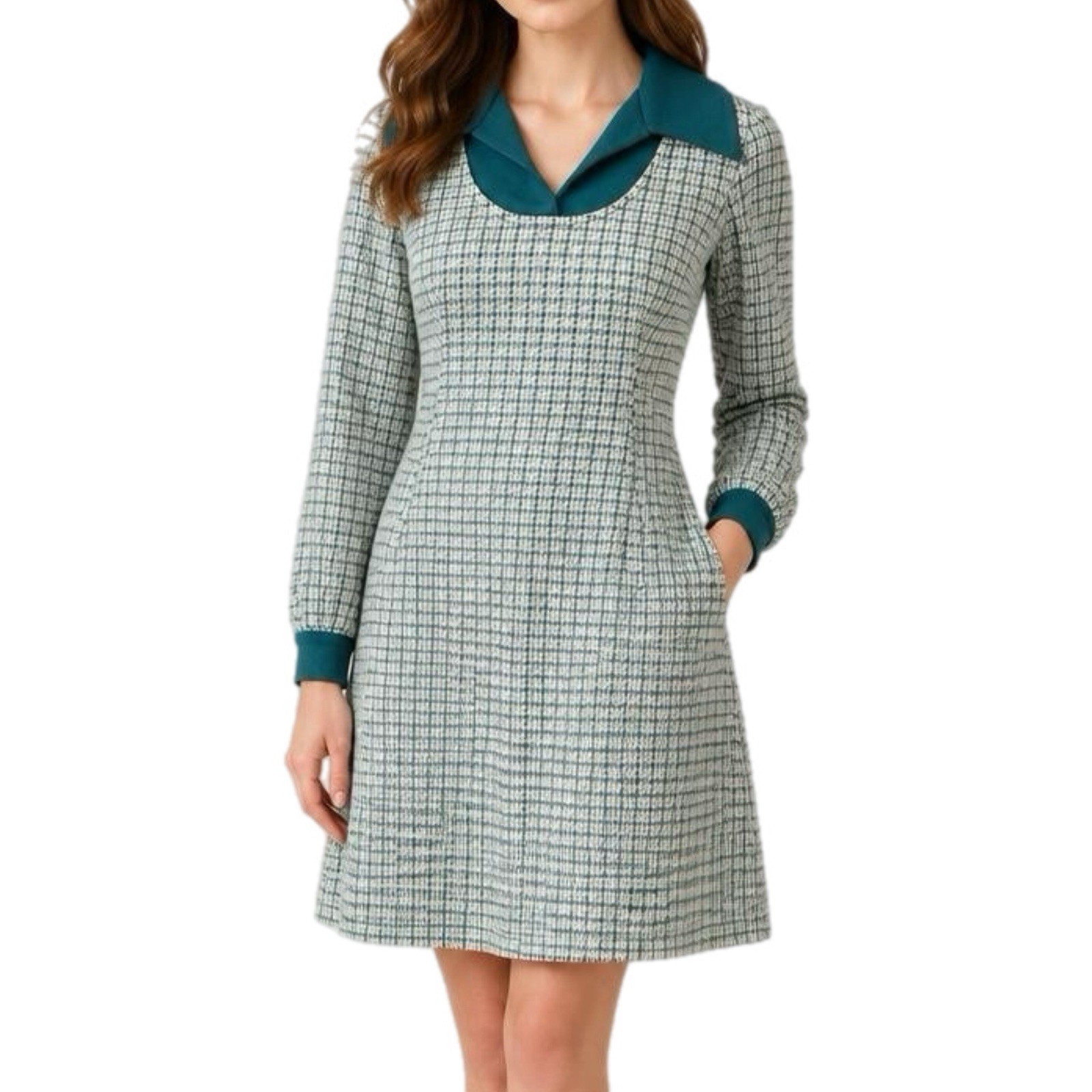 Vintage Mod GoGo Dress Womens 60s Polyester Green Spread Collar A-Line – S/M