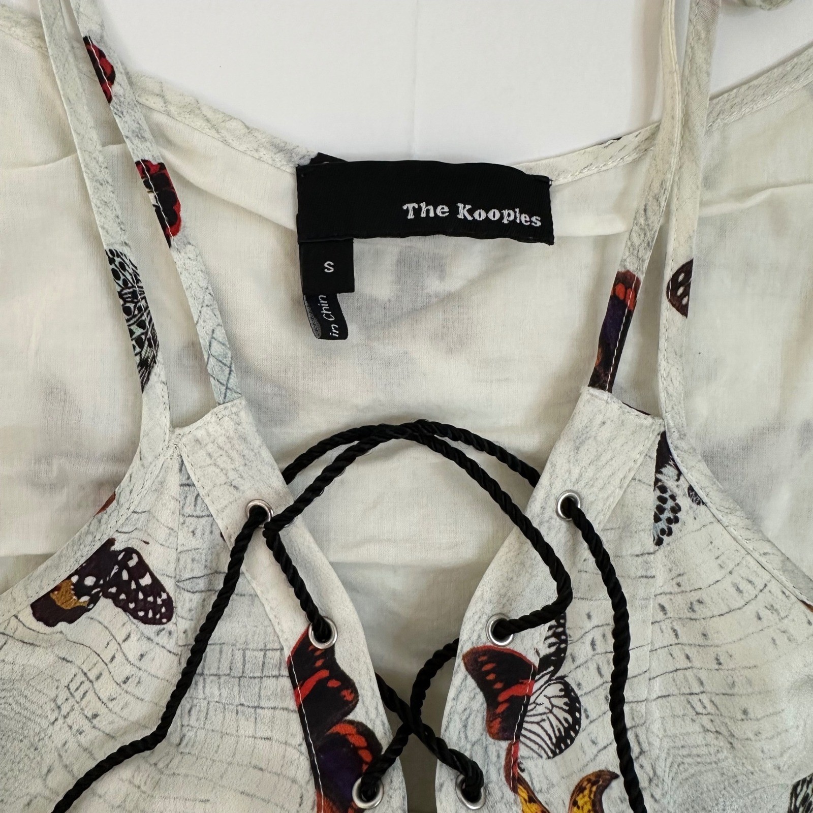 The Kooples Butterfly Print Silk Mini Dress Women Small White Lace Up Ruffle