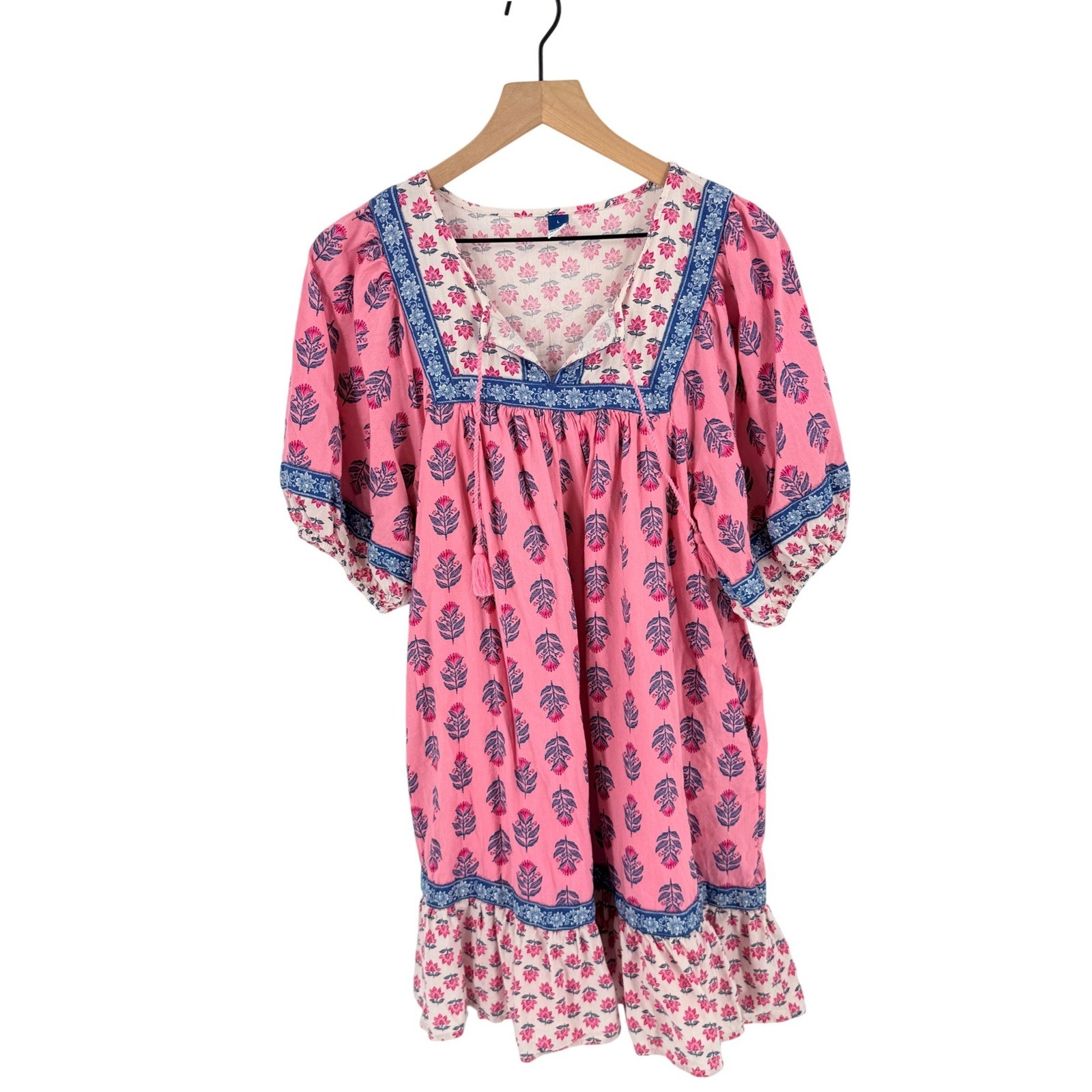 Old Navy Floral Boho Mini Dress Pink Large Cotton Blend Tassel Neck Pockets