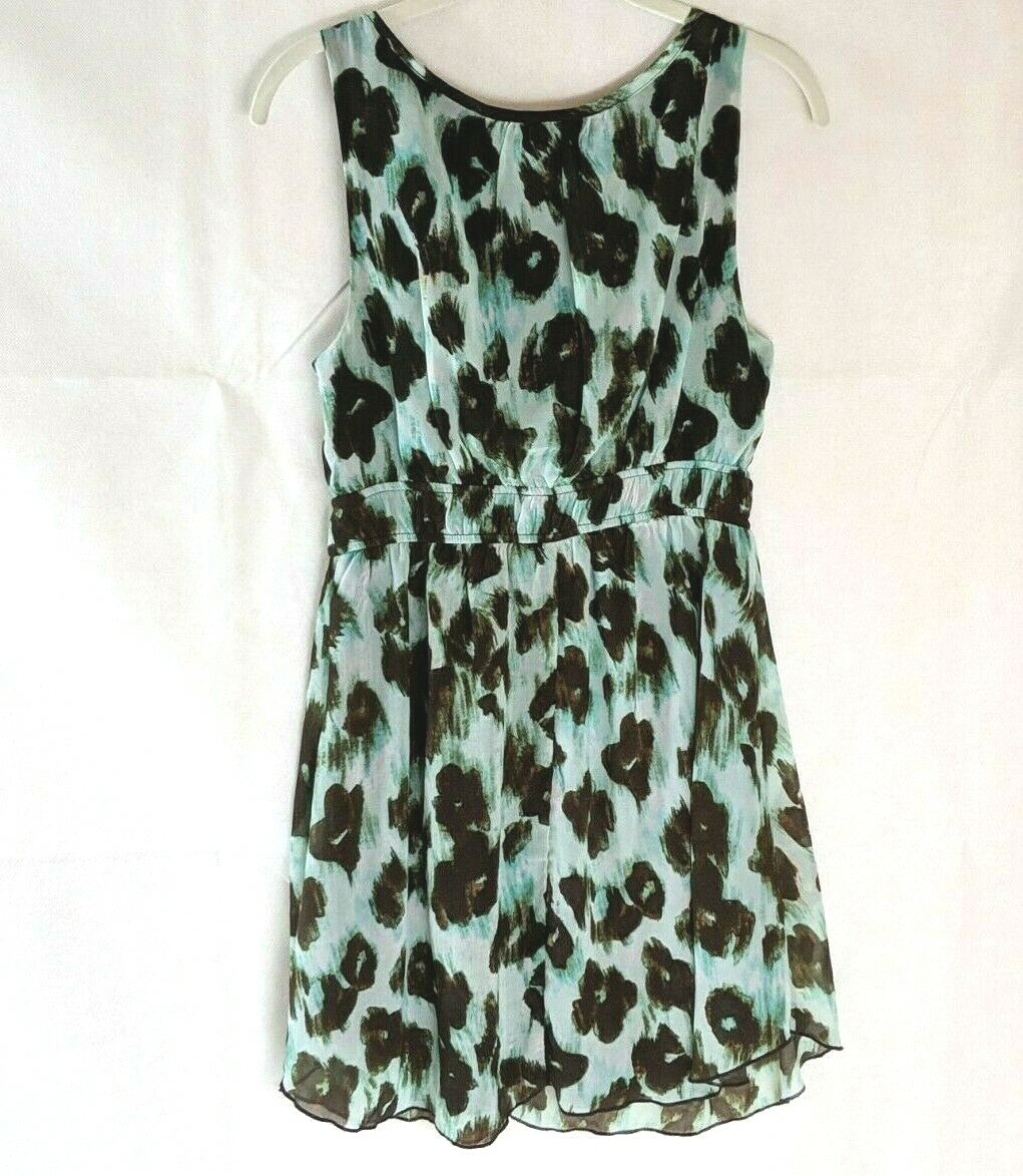 TRIXXI Sleeveless Dress Tribal Beaded Neck Small Boho Leopard Teal Lined Chiffon
