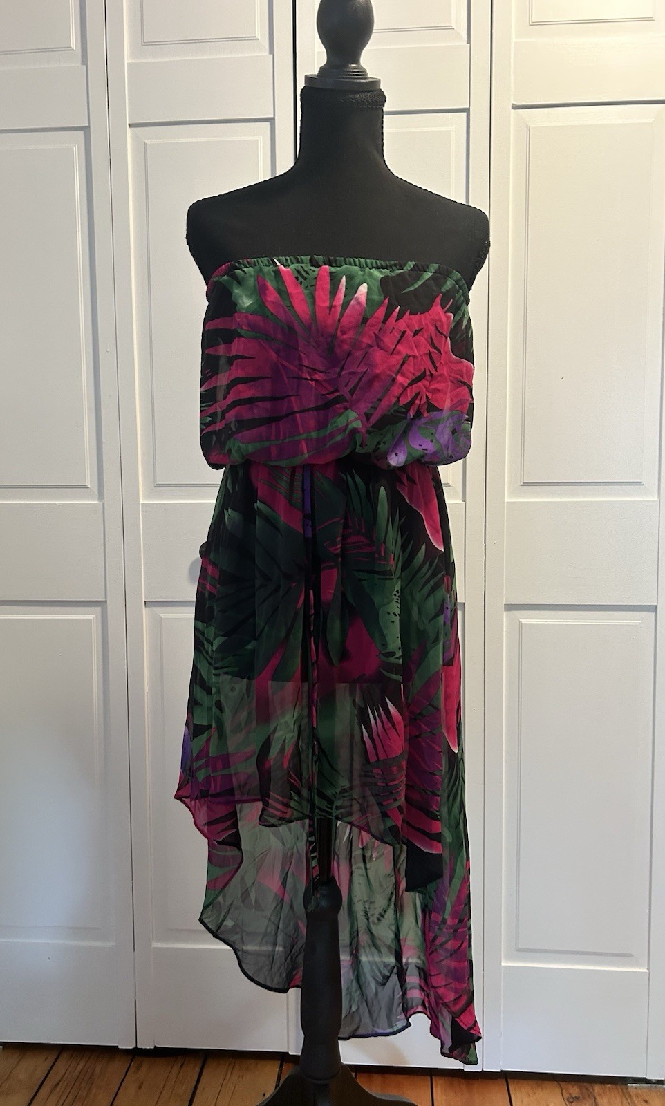 Strapless Tropical Print Dress High Low Vibrant Fuscia Pink & Green Palm Print