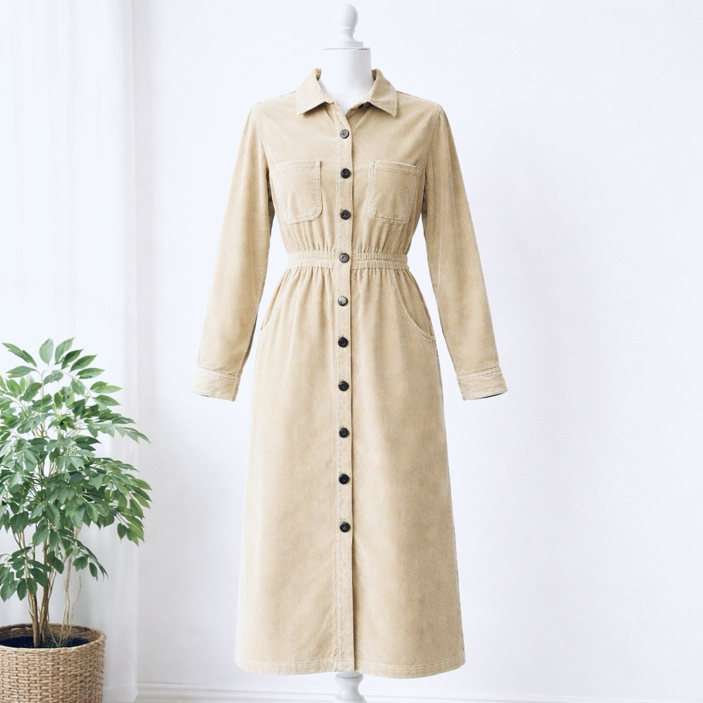 J.G. Hook Corduroy Shirt Dress Women’s 6P Vintage 90s Y2K Button Front Beige