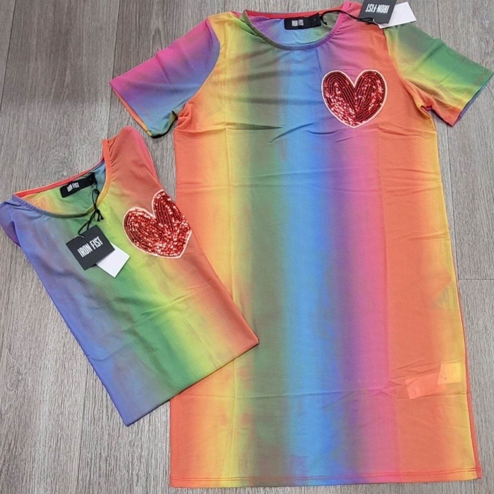 NEW! Iron Fist Somewhere Rainbow Sheer Mesh Mini Dress Sequin Heart LARGE Pride