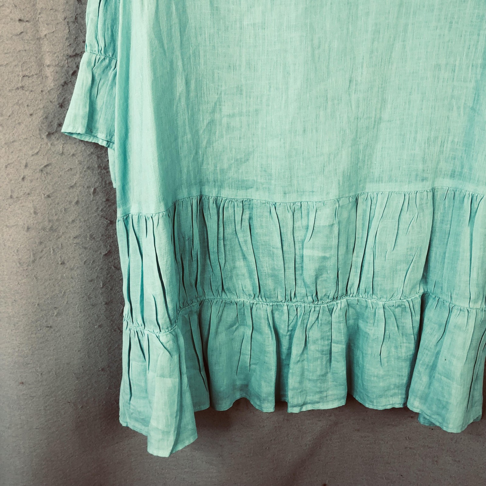 Camille & Co Dress Womens L Blue Linen Trapeze Swing Ruffle Hem Boho Feminine