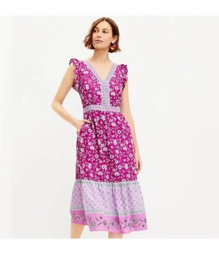LOFT Border Ruffle Dress Women 10 Boho Tiered Ruffle Sleeveless Cottagecore