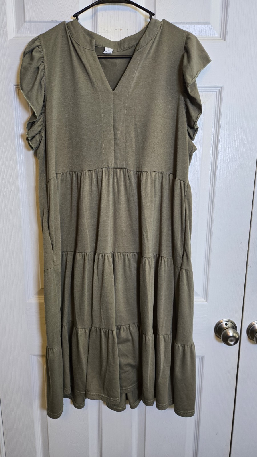 ANRABESS XL Olive Green Tiered Midi Dress Flutter Sleeve V Neck Stretch Casual