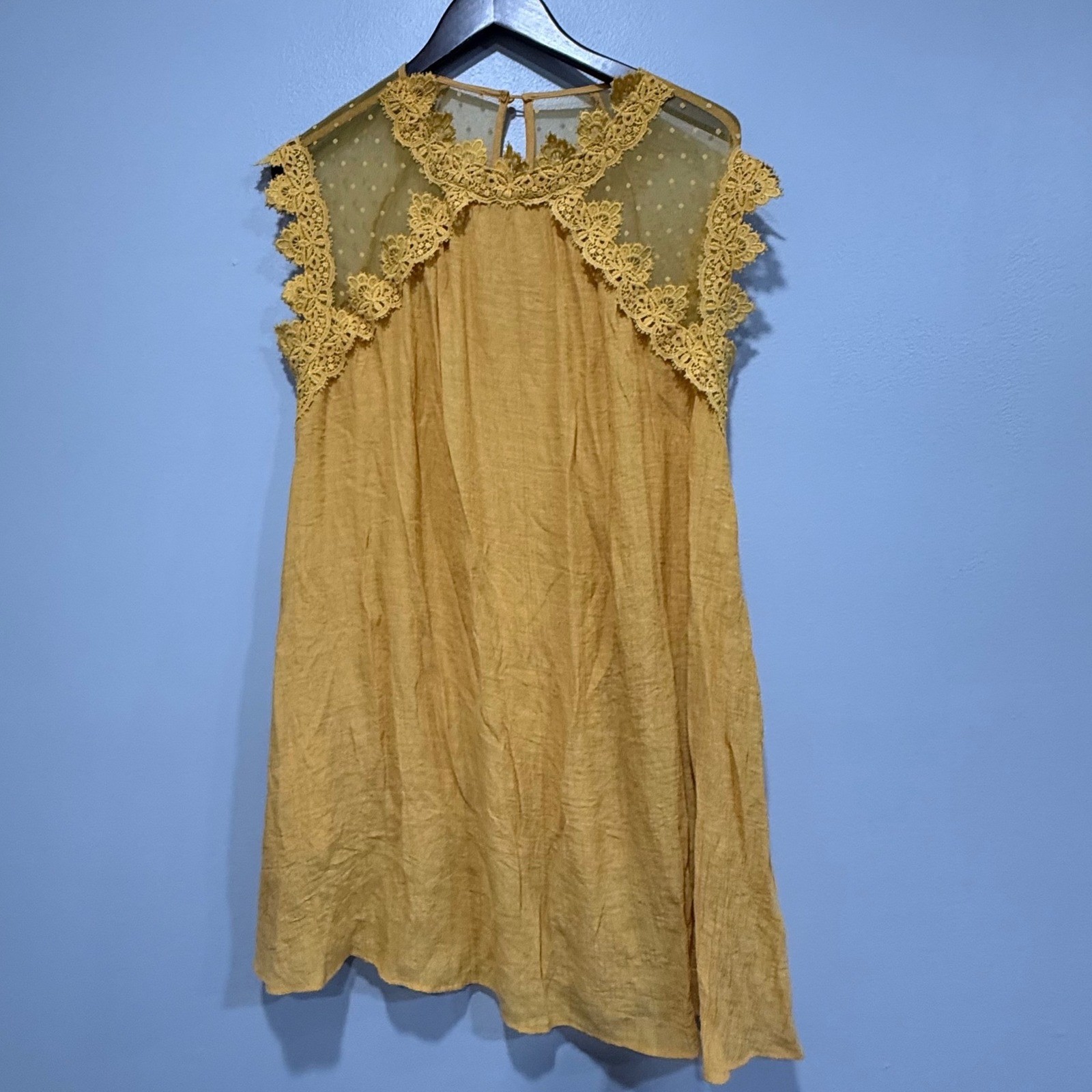 Andree by UNIT Mustard Yellow Lace Yoke Tunic shirt top Women boho feminine