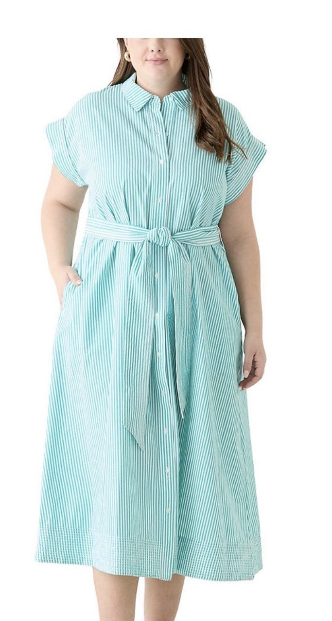 Crown & Ivy Blue/White Striped Collared Button Front Belted Shirt Dress 4X
