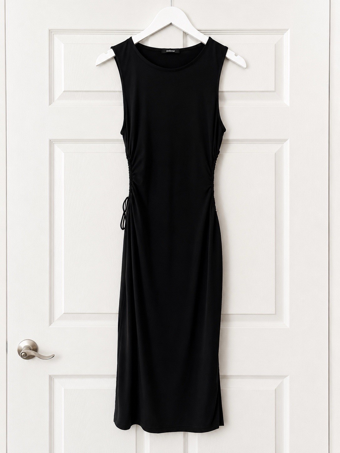 Ambiance Womens L Black Solid Round Neck Ruched Drawstring Sleeveless Midi Dress