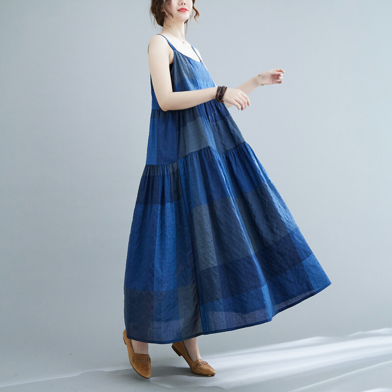 Women Cotton Linen Check Strappy Sleeveless Long Dress Summer Beach Casual Retro