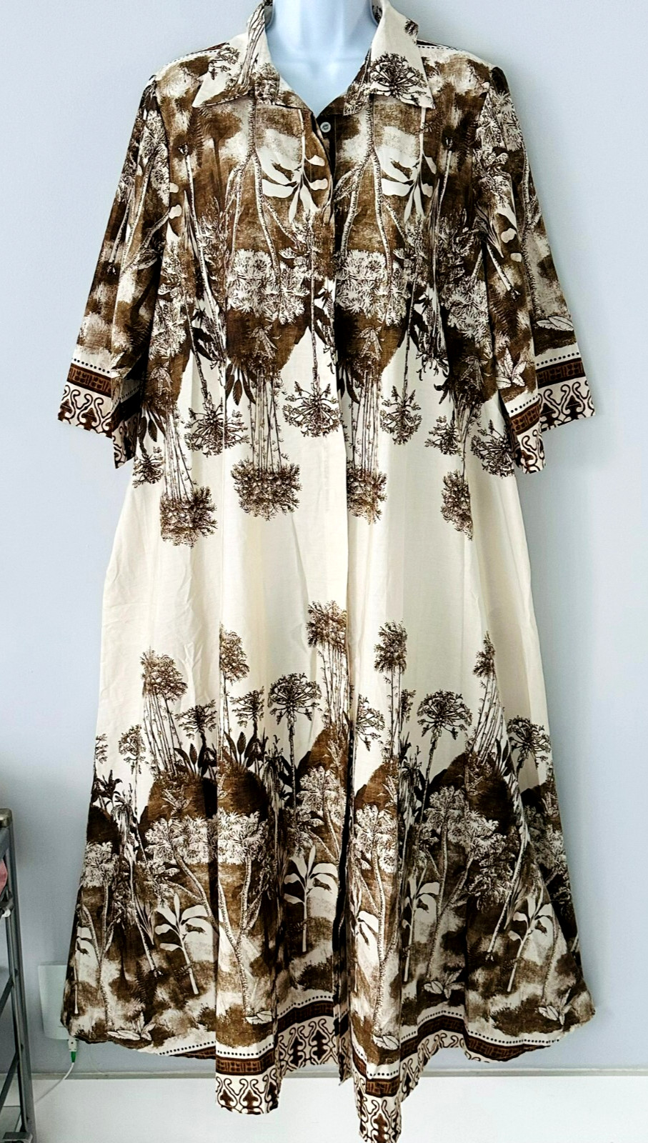 New CIVICO 51 Made in Italy Maxi Women Dress Brown Beige Front Button Sleeves L