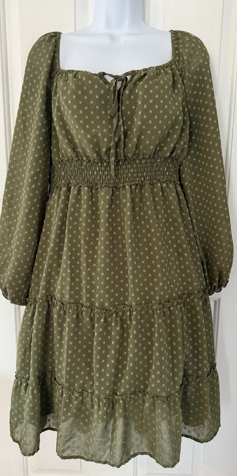 Indigo Rose Olive Green Long Sleeve Dress Smocked Waist Tiered Ruffle Skirt XL