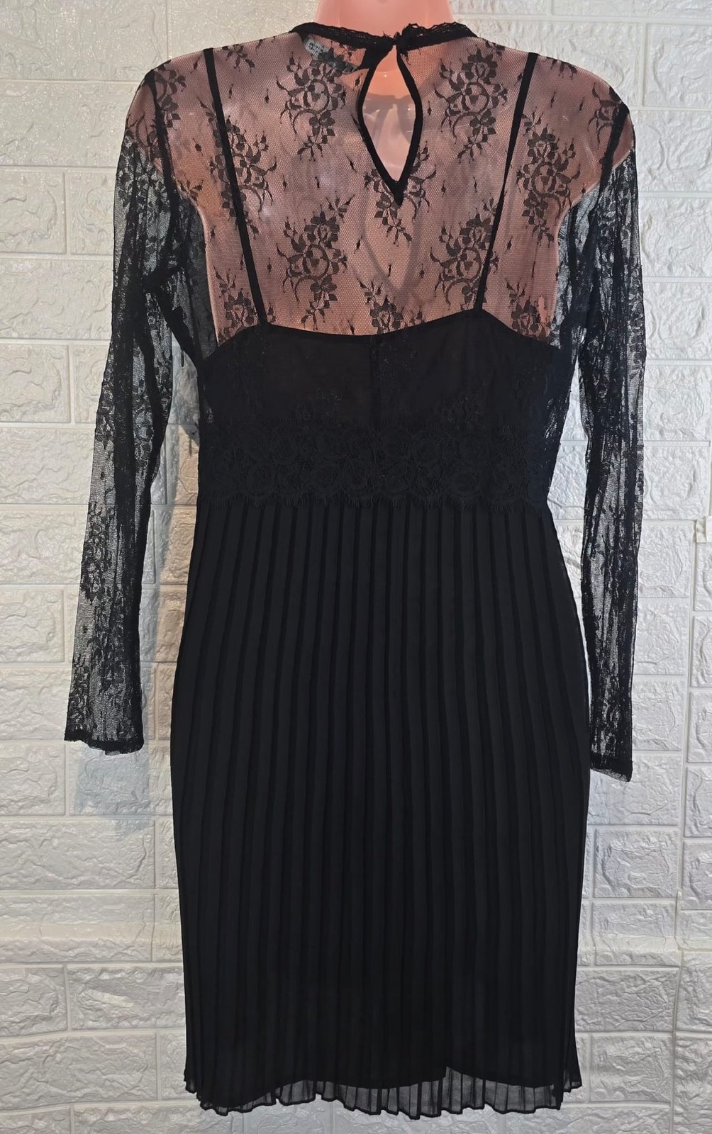 Zara Black Lace Pleated Mini Dress Sheer Long Sleeve Gothic Party Evening Size M