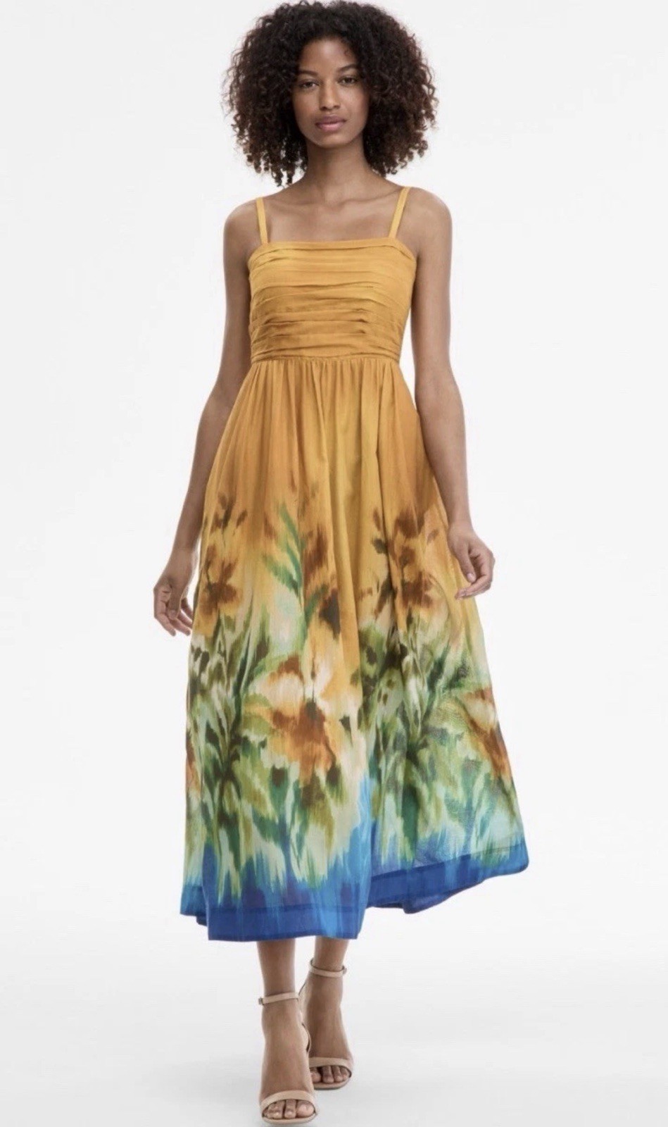 Tahari ASL Womens Ruched Bodice Border Print Midi Dress In Mustard Haze –