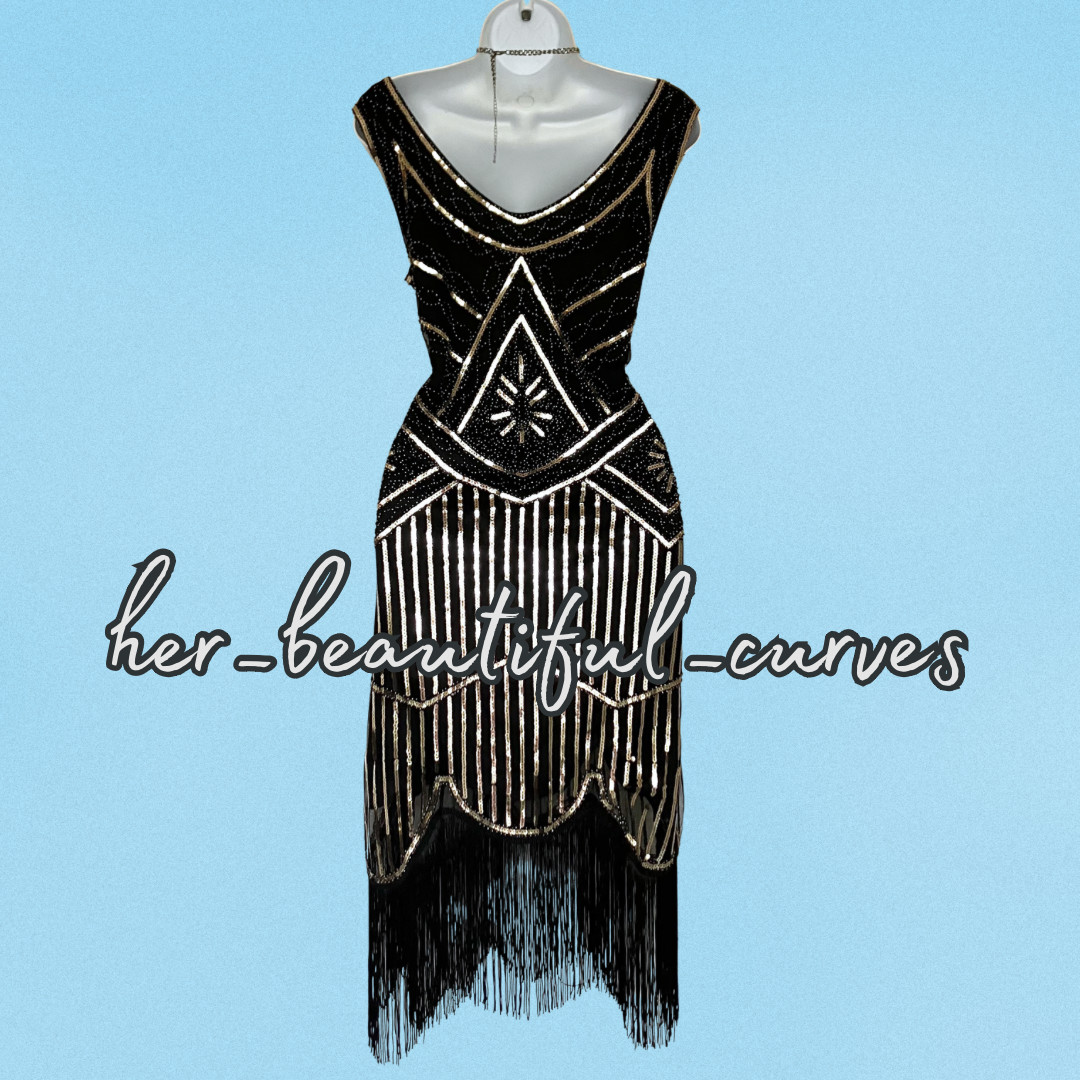 LADIES 20s GATSBY STYLE SEQUINED BEADED FRINGED PARTY DRESS SIZE M FITS 12/14