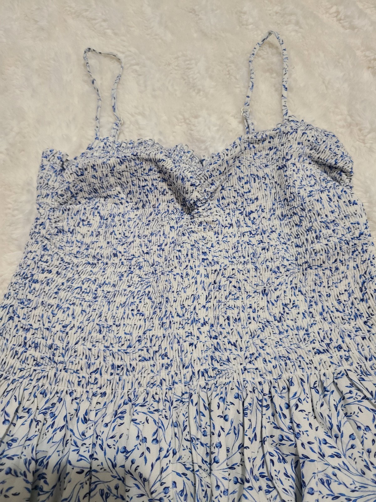 H&M Blue/White Floral Sweetheart Smocked Ruffle Maxi Sundress Spaghetti S