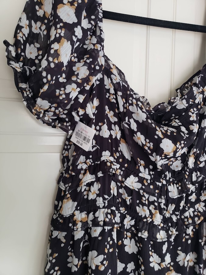 Trixxi Juniors Puffed Short Sleeve Floral Fit + Flare Dress – Black – XL -NWT