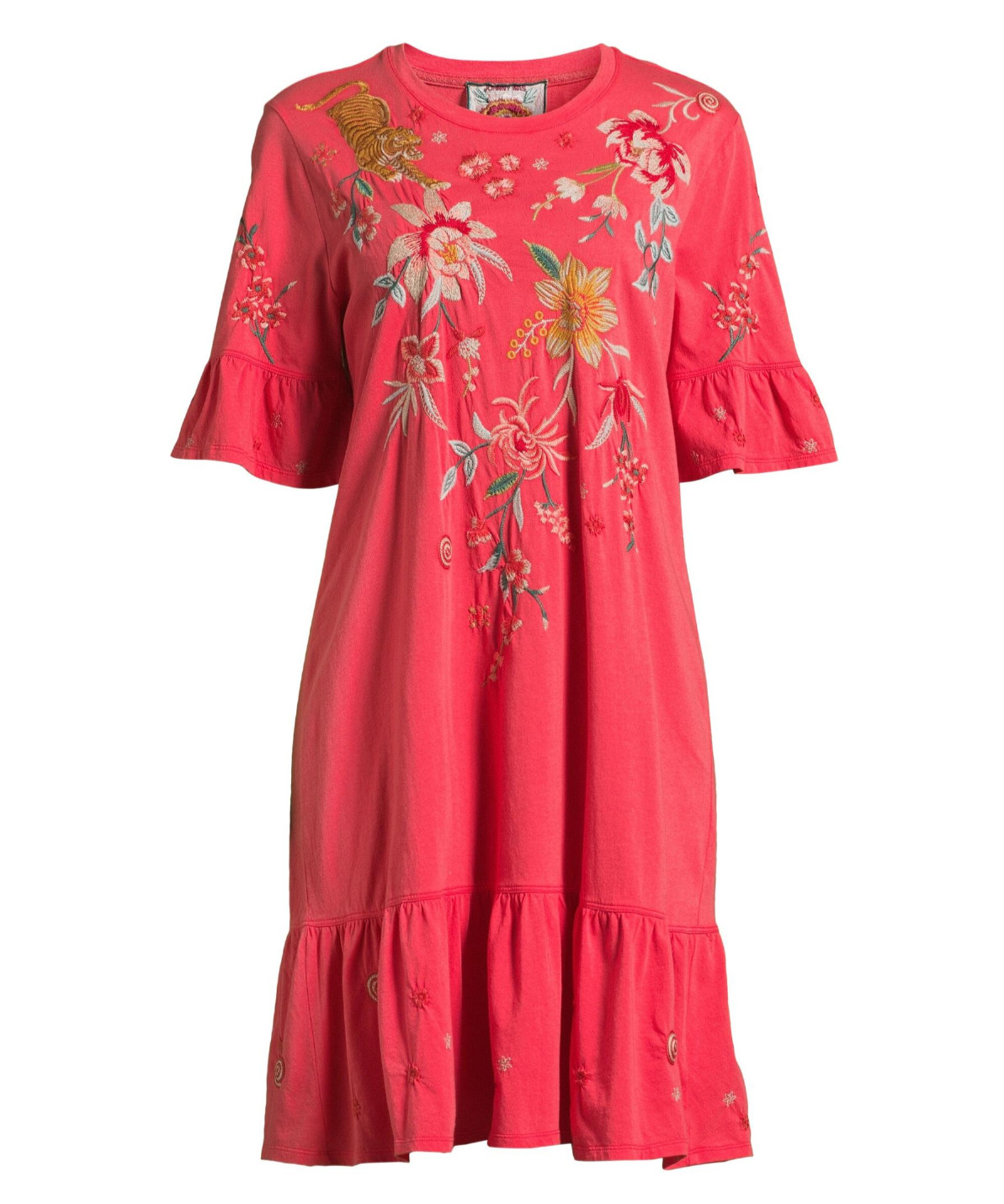 $160 JOHNNY WAS Size L ANDREAN DRESS RUFFLE Embroidered COTTON GUAVA B:44″L:37″