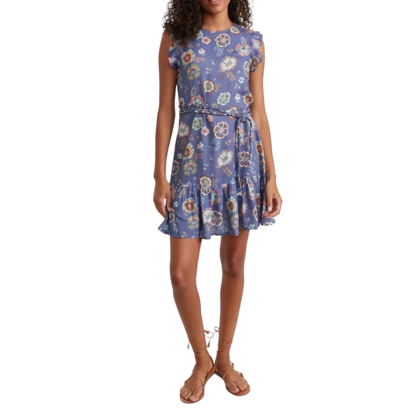 Marine Layer Laney Linen Blend Blue Mini Dress Marlin Hibiscus Floral Boho Small