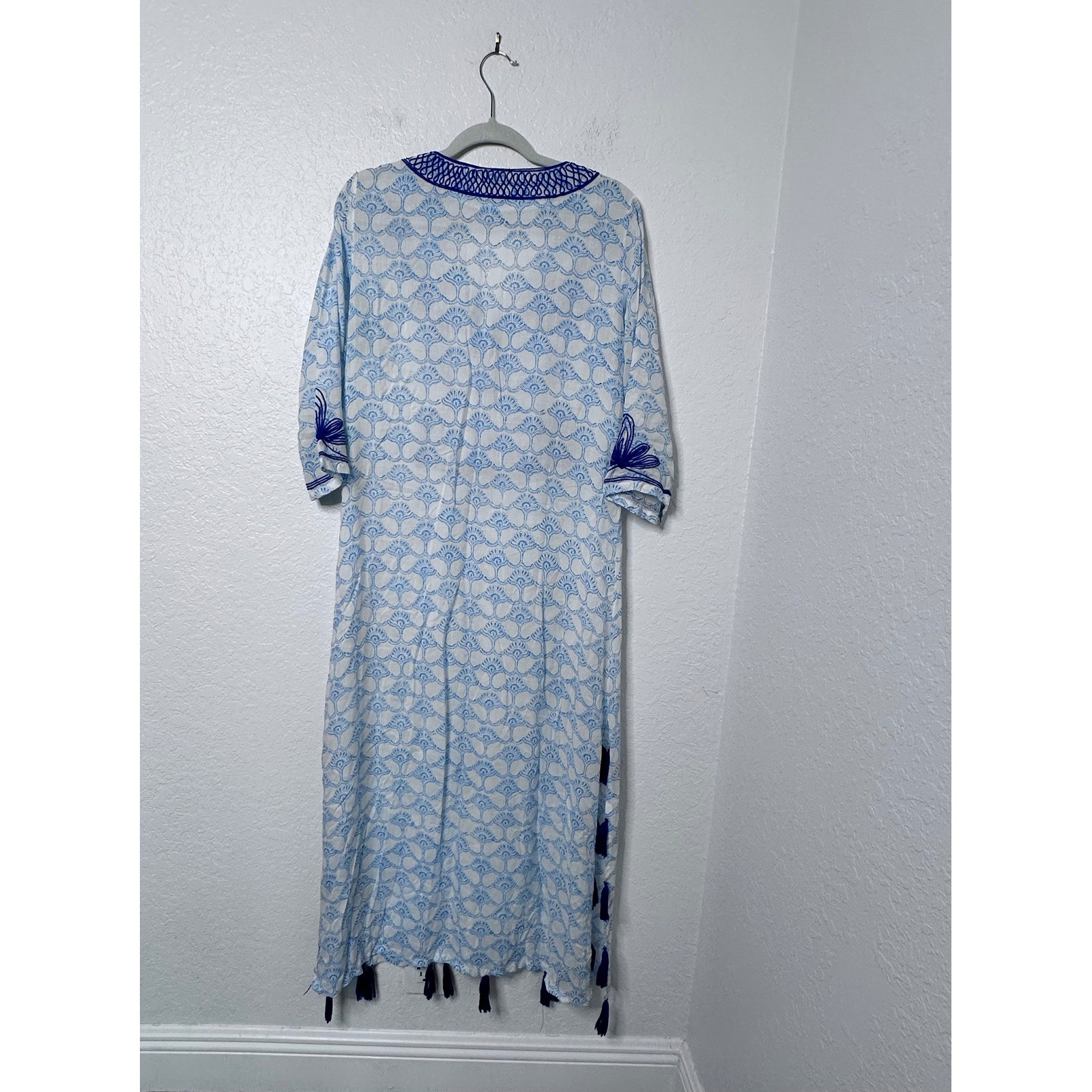 Roberta Roller Rabbit Serafina Tunic Maxi Dress Blue White Embroidered Tassels S