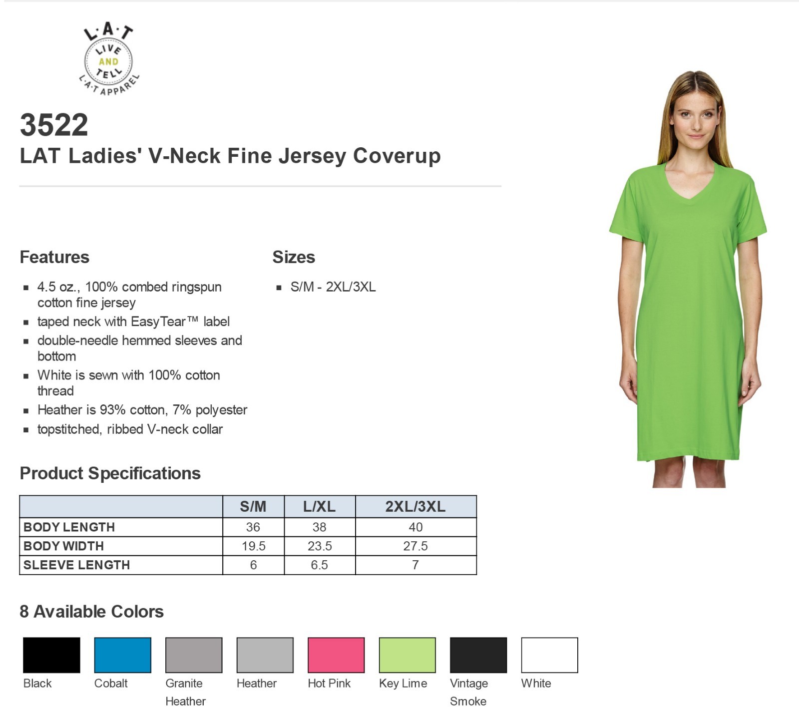 LAT Women’s 100% Cotton Short Sleeve Solid V-Neck T-Shirt Dress M-3522