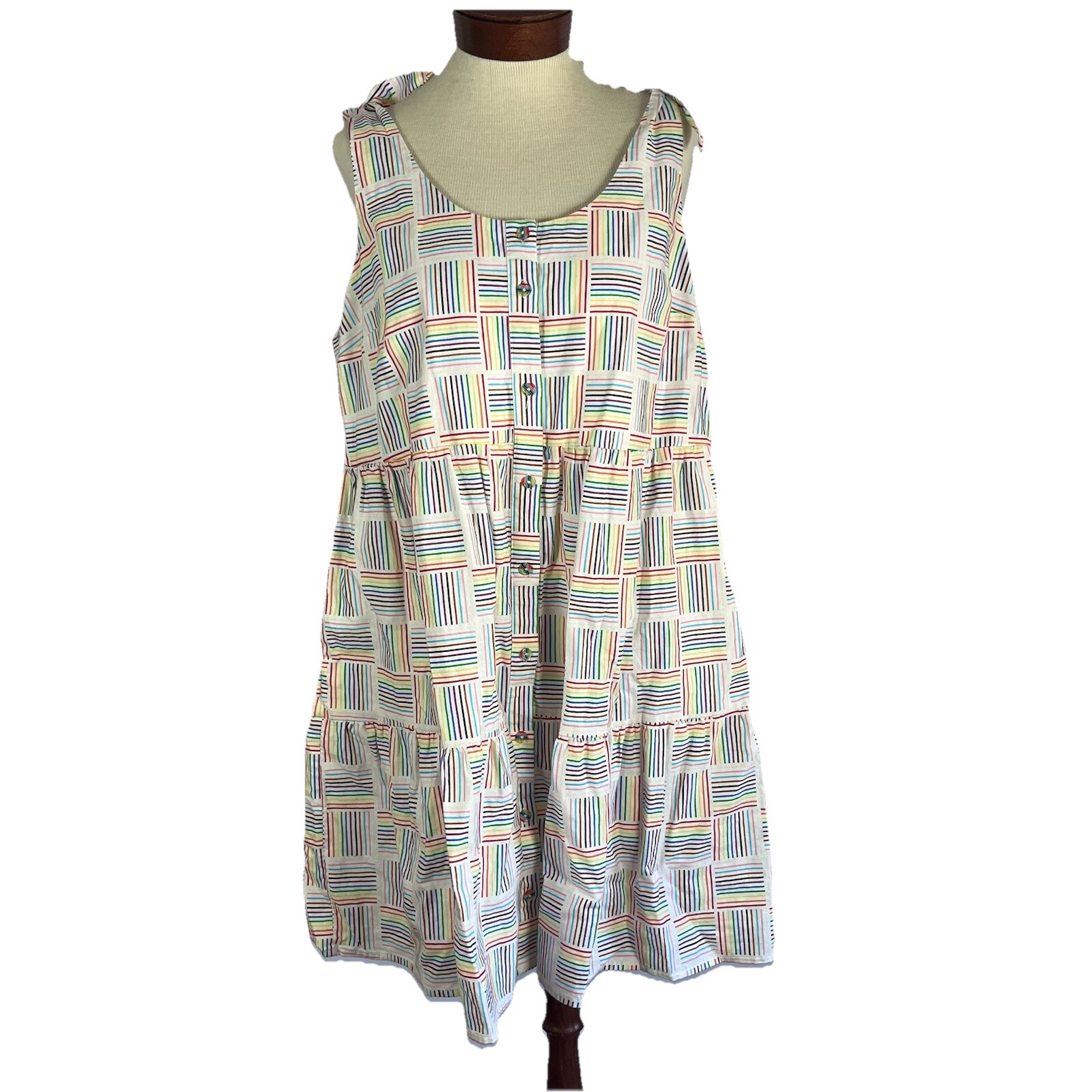 Linen/Cotton Rainbow Pride button down tiered ruffle sleeveless dress Large