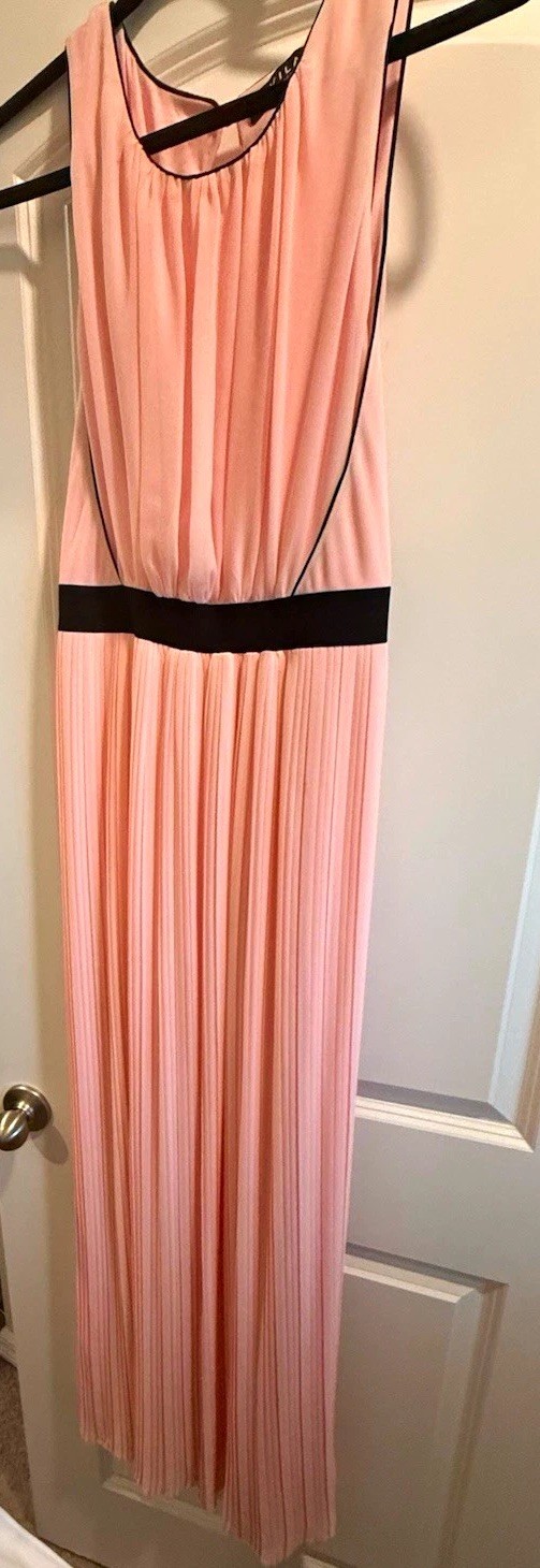 Vila Women’s Size M Pink/Black Maxi Dress Sleeveless Round Neck Pleated Waist