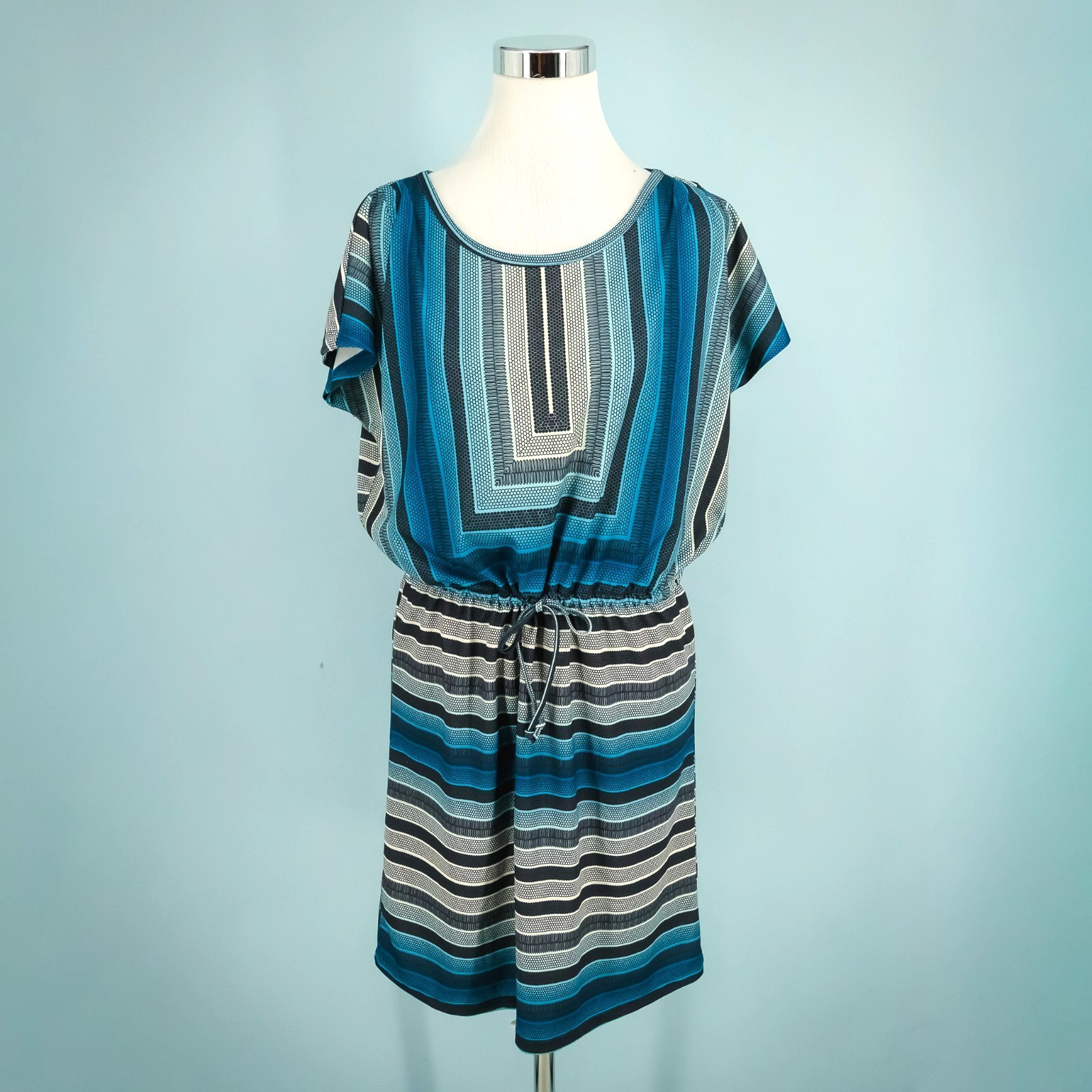 Prana Size Small S Blue Lindy Stripe Crew Neck Short Sleeve Tie Waist Knit Dress