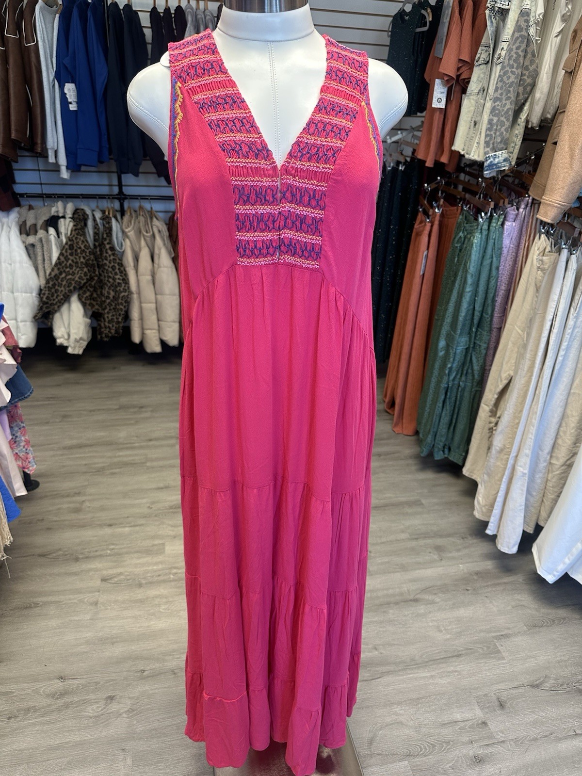 Umgee Hot Pink Embroidered V Neck Maxi Lightweight Summer Spring Dress