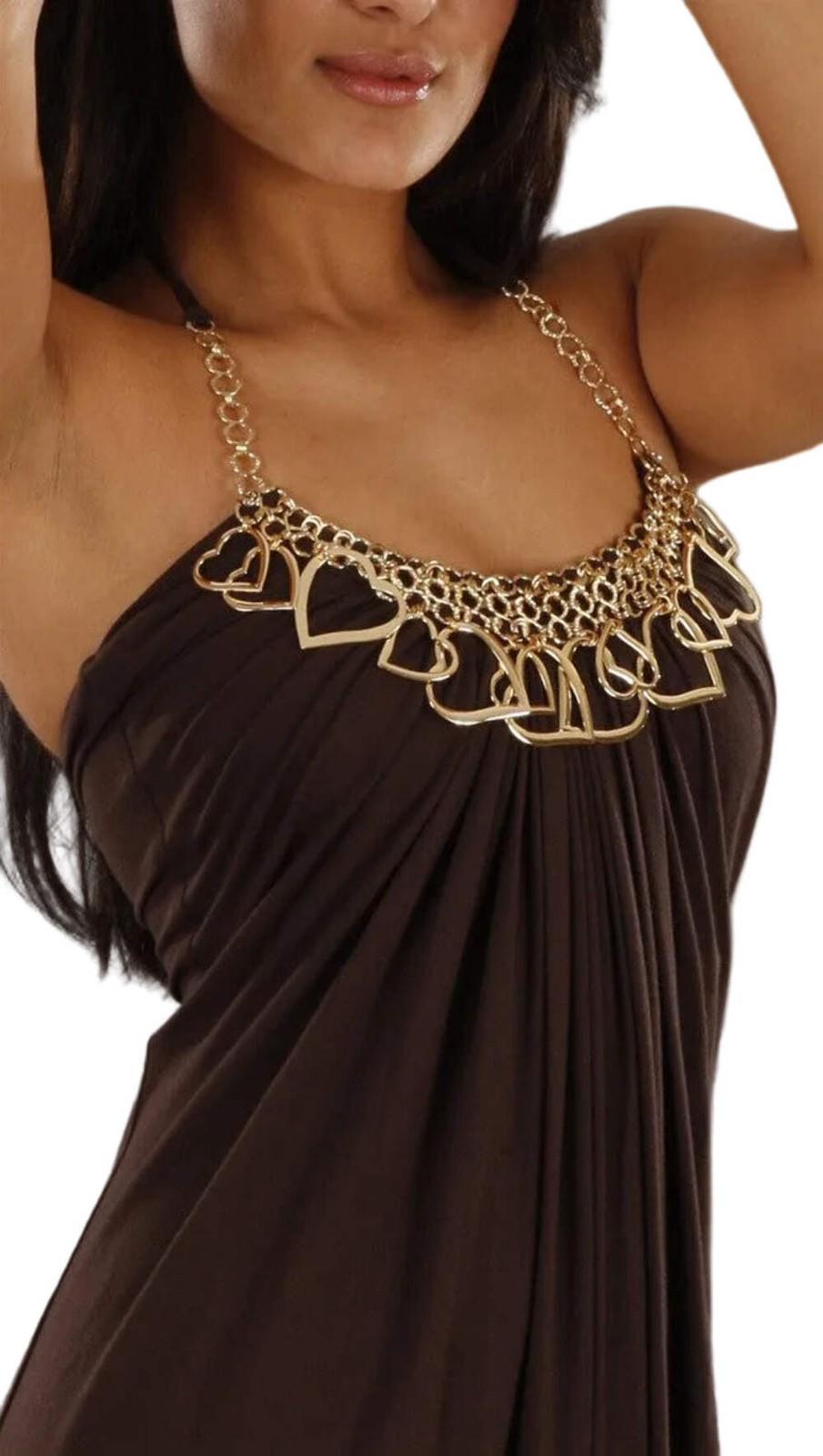 Gold Heart Halter Necklace Mini Dress in Brown