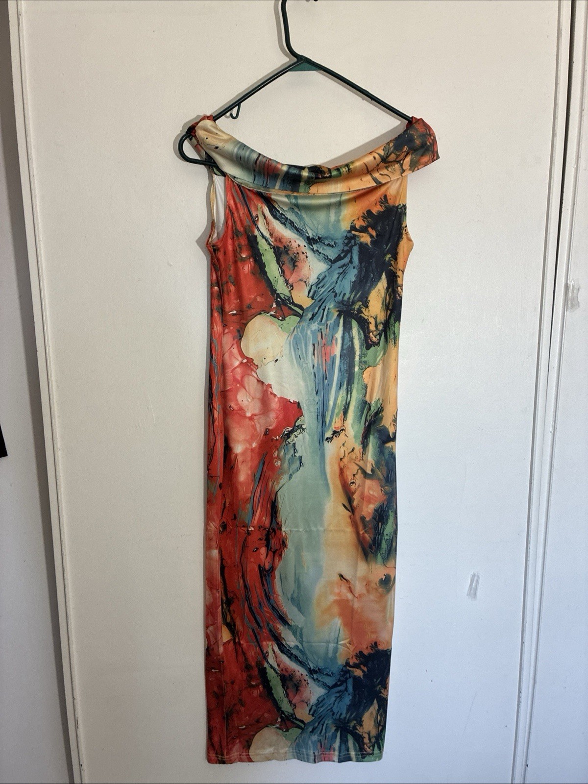 Abstract Watercolor Cowl Neck Midi Dress Women Small Multicolor Stretch
