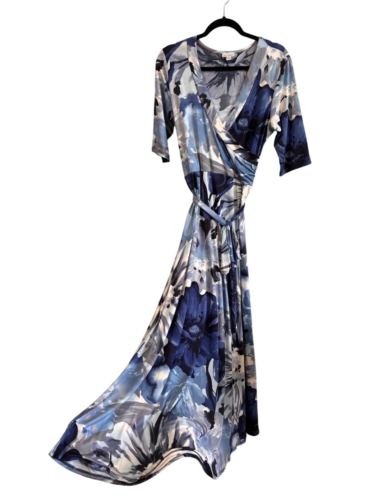 Olivia Matthews Blue White Floral Wrap Maxi Dress 3/4 Sleeve