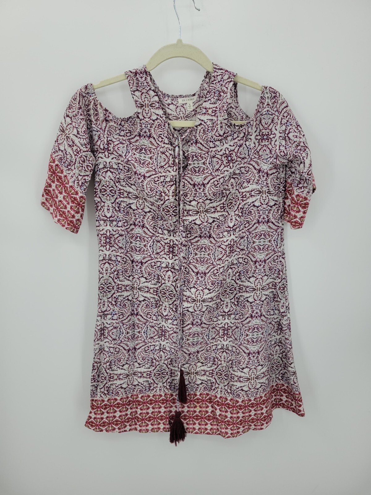 En Creme Anthropologie Dress Womens Small Purple Boho Print Cold Shoulder Boho