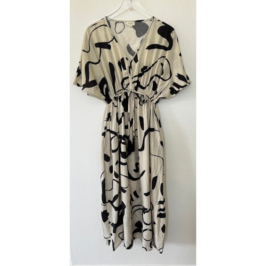 World Market Abstract Art Dress S/M Black Cream Drawstring Waist Boho