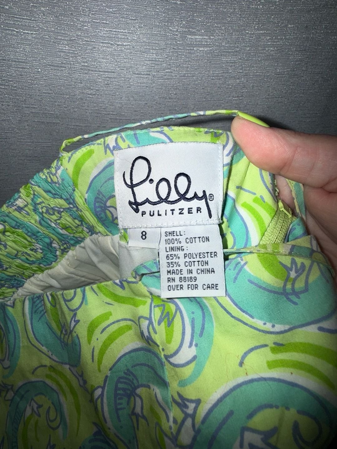 Lilly Pulitzer Green and Blue Printed Spaghetti Strap Mini Dress with Lace Trim