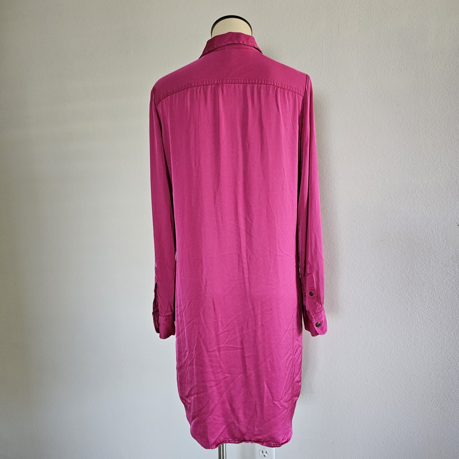Ralph Lauren Vivid Pink Satin Button-down Long-sleeve Rounded Hem Dress Size 10
