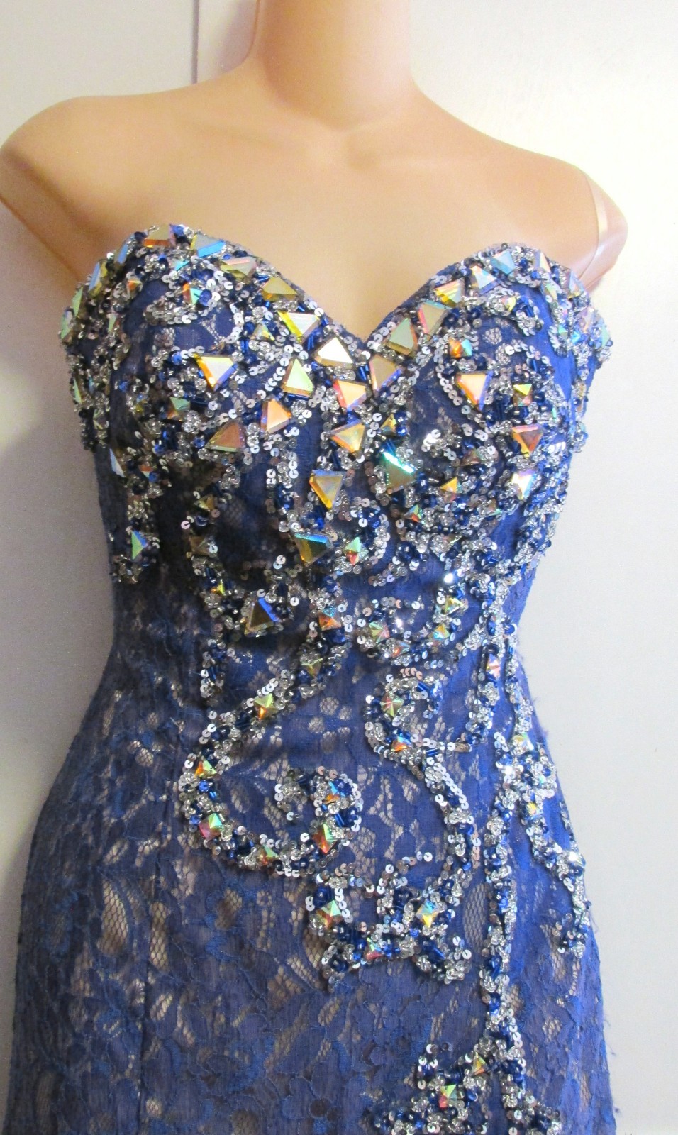 Mori Lee Strapless Blue Lace Gold Alloy Crystals & Lining Maxi Gown -Sequin- 5/6