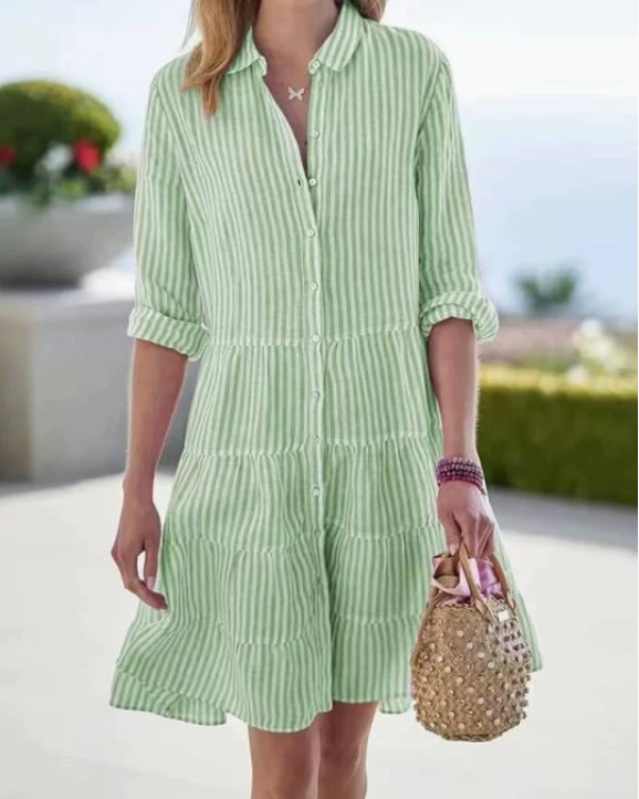 Womens Striped Shirt Dress Long Sleeve Button Down Casual Loose Tiered Dresses