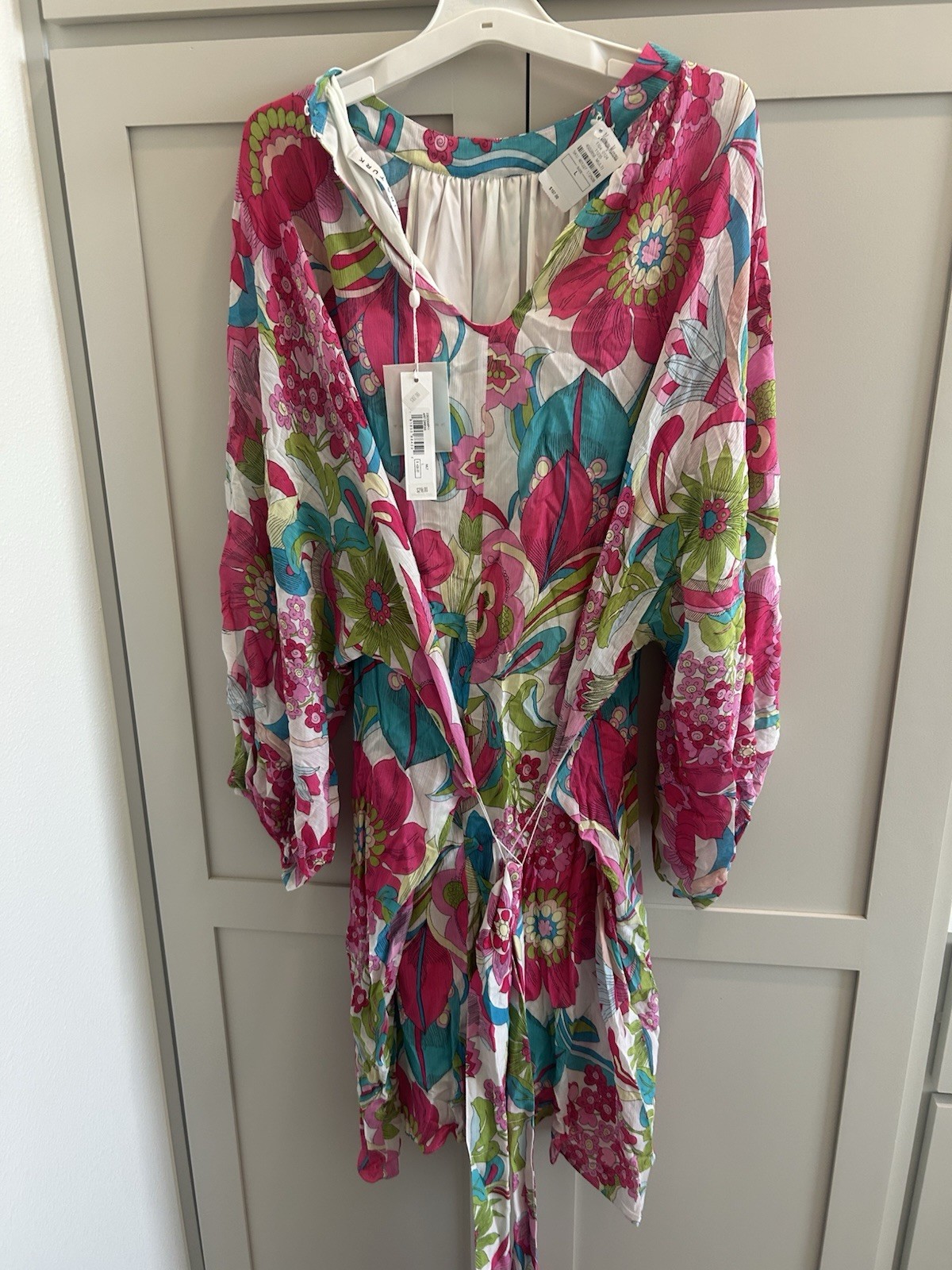 Trina Turk T-Shirt Dress Floral Long Sleeve Belted Tie Waist Short L Multi